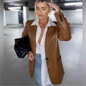 Zara Chestnut Brown Faux Leather Blazer